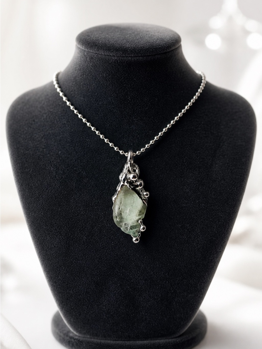 Green Fluorite Pendant Necklace With Artisan Metalwork Halo Bezel On Ball Chain